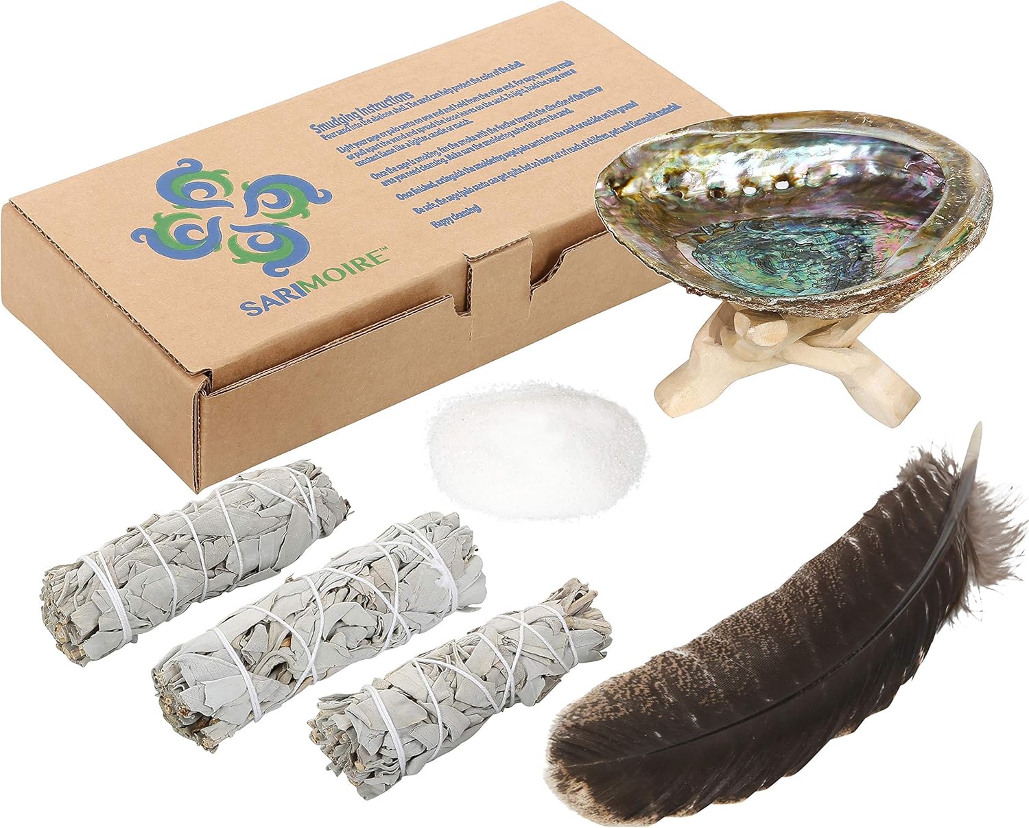 Sage Smudge Kit - White Sage Smudge Sticks - 4in ~ Abalone Shell 5-6in ~ 2in Tripod Stand ~ 9-12in Feather and White Sand - Image 2