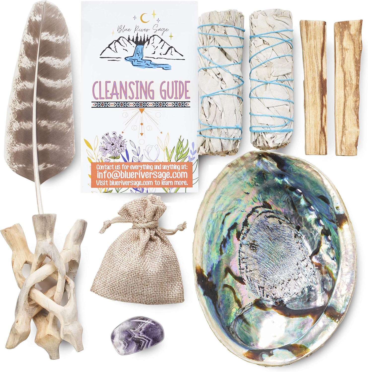 Blue River Sage Smudging & Energy Cleansing Kit with Amethyst, White Sage, Palo Santo, Abalone Shell, Stand & Guide (Regular) | Palo Santo, Amethyst, Abalone Shell & Stand, Smudge Feather, Guide Included - Image 4