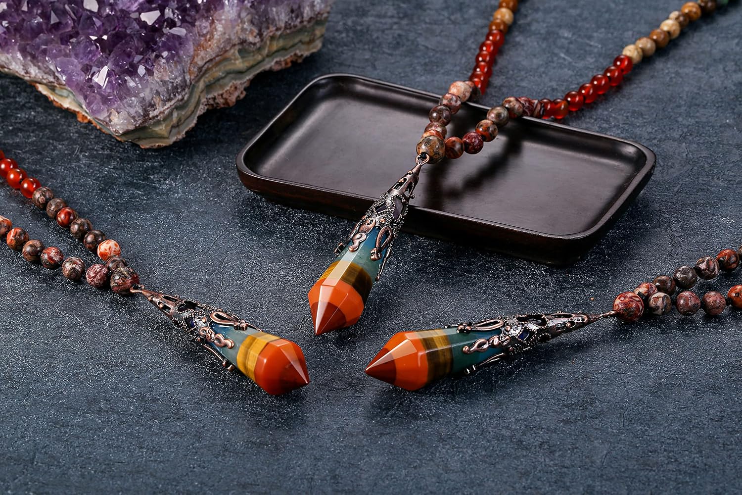 Jovivi 108 Mala Beads Bracelet Real Stones 7 Chakra Healing Crystals Necklace with 12 Facted Prism Pointed Pendant Reiki Energy Balancing Prayer Mala Beads for Meditation - Image 2