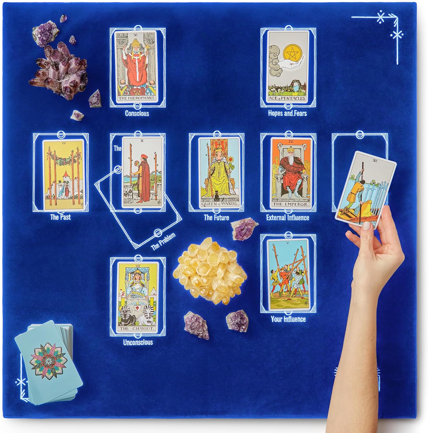 Witchy Cauldron Tarot Reading Cloth for Beginners - 27"x27" Velvet Altar Cloth with Celtic Cross Card Placement Guide, Reversible Satin Back, Works with Oracle Cards, Blue