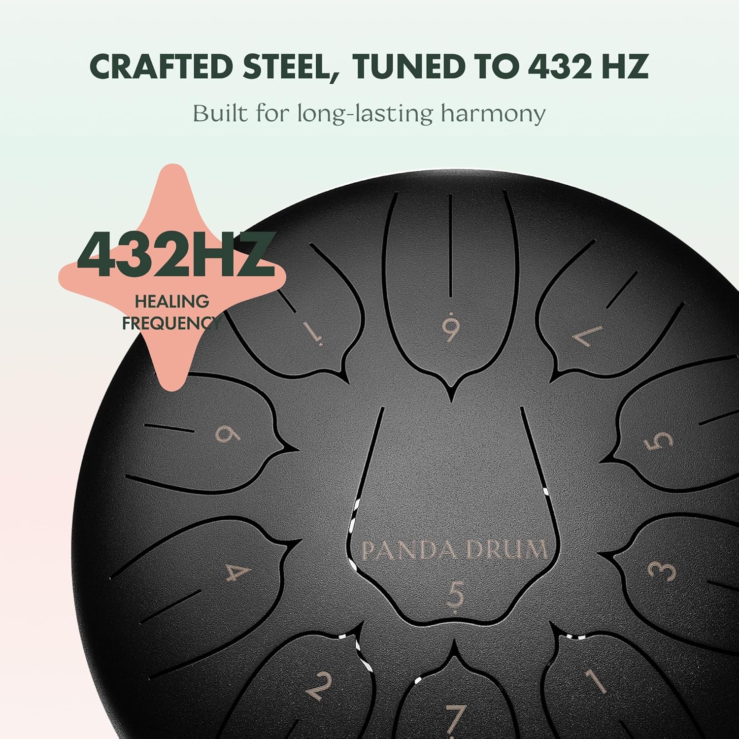 Panda Drum Plus (Black) | Steel Tongue Handpan with Music Book, Mallets, Carrying Bag & Finger Picks | 11 inch, 432 Hz | Rain Drum for Inside & Outside | Calming Musical Instrument for Adults & Kids - Image 4