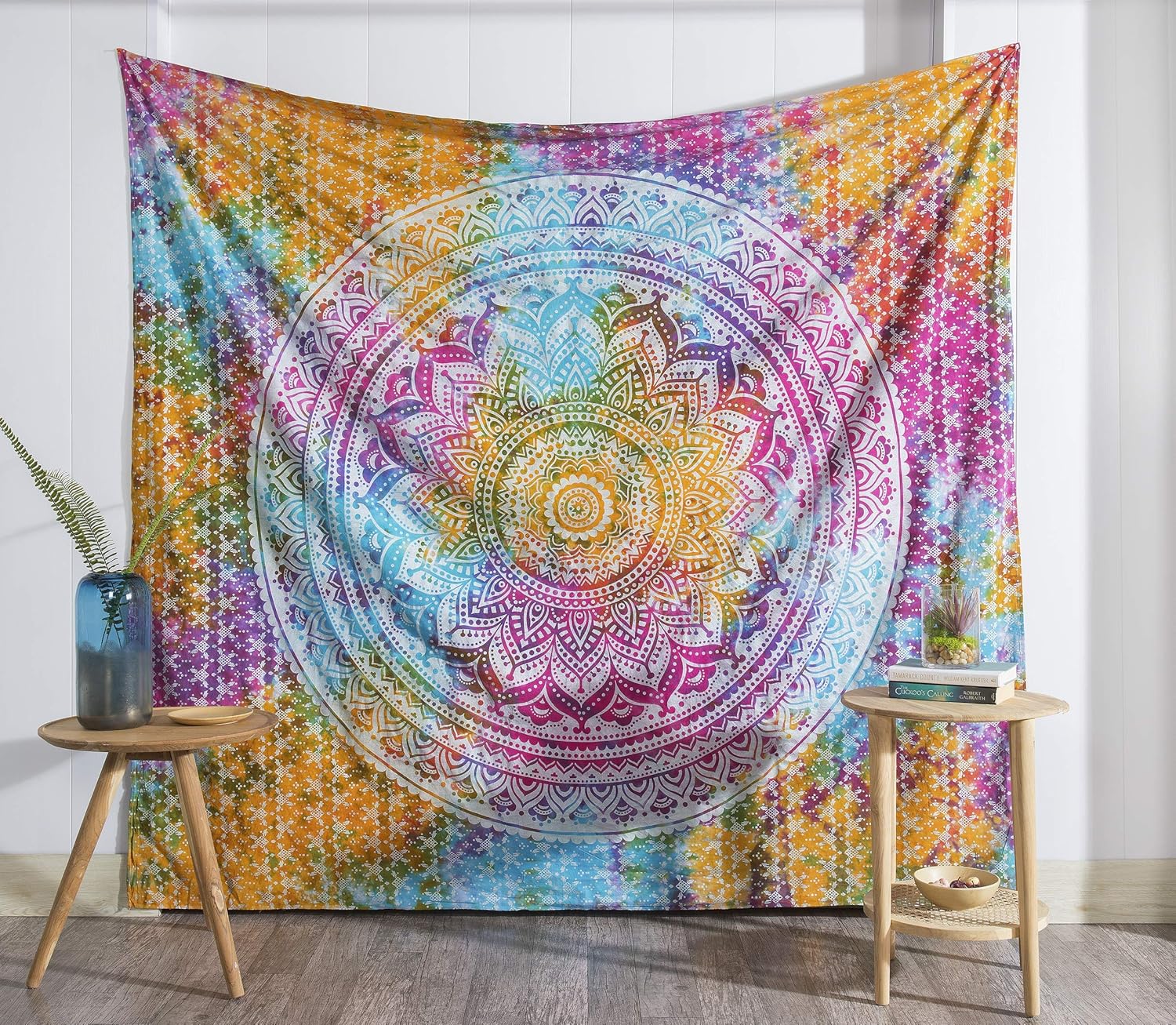 Popular Handicrafts Tapestry Wall Hanging Hippie Mandala Bohemian Hippy Medallion Psychedelic Ombre Design Indian Tapestries Bedspread 53 x 80 Iches (134cm x 203cm) Multicolor Tie Dye - Image 2