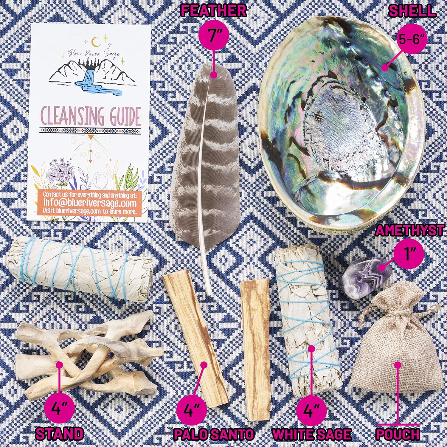 Blue River Sage Smudging & Energy Cleansing Kit with Amethyst, White Sage, Palo Santo, Abalone Shell, Stand & Guide (Regular) | Palo Santo, Amethyst, Abalone Shell & Stand, Smudge Feather, Guide Included - Image 2