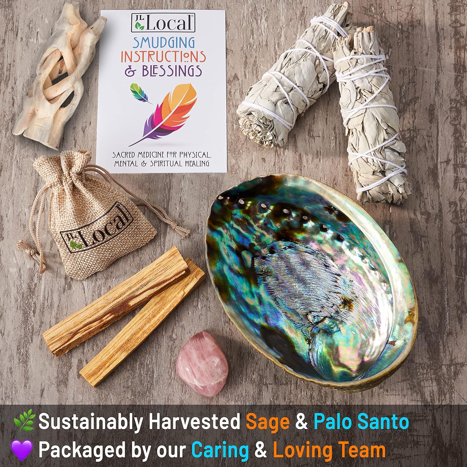 JL Local Perfect Unity Smudging Kit, White Sage, Palo Santo | 2 White Sage Smudge Sticks + 2 Palo Santo Sticks, Abalone Shell Bowl, Rose Quartz Crystal, Healing Incense for Cleansing - Image 5