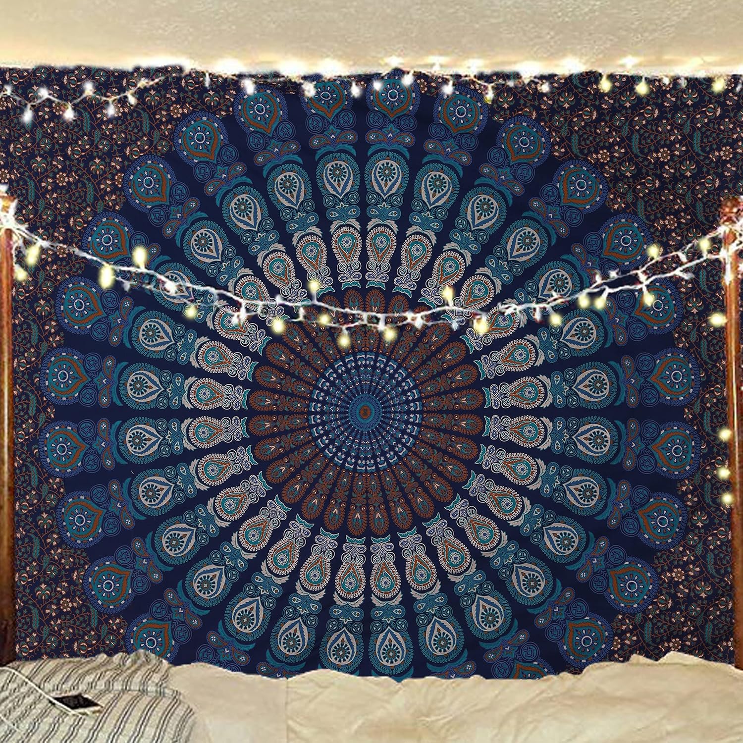 Bless International Handmade Indian hippie Bohemian Psychedelic Peacock Mandala Wall hanging College Dorm Beach Throws Table Cloth Bedding Tapestry (Blue Green, Queen(84x90Inches)(215x230Cms)) - Image 5