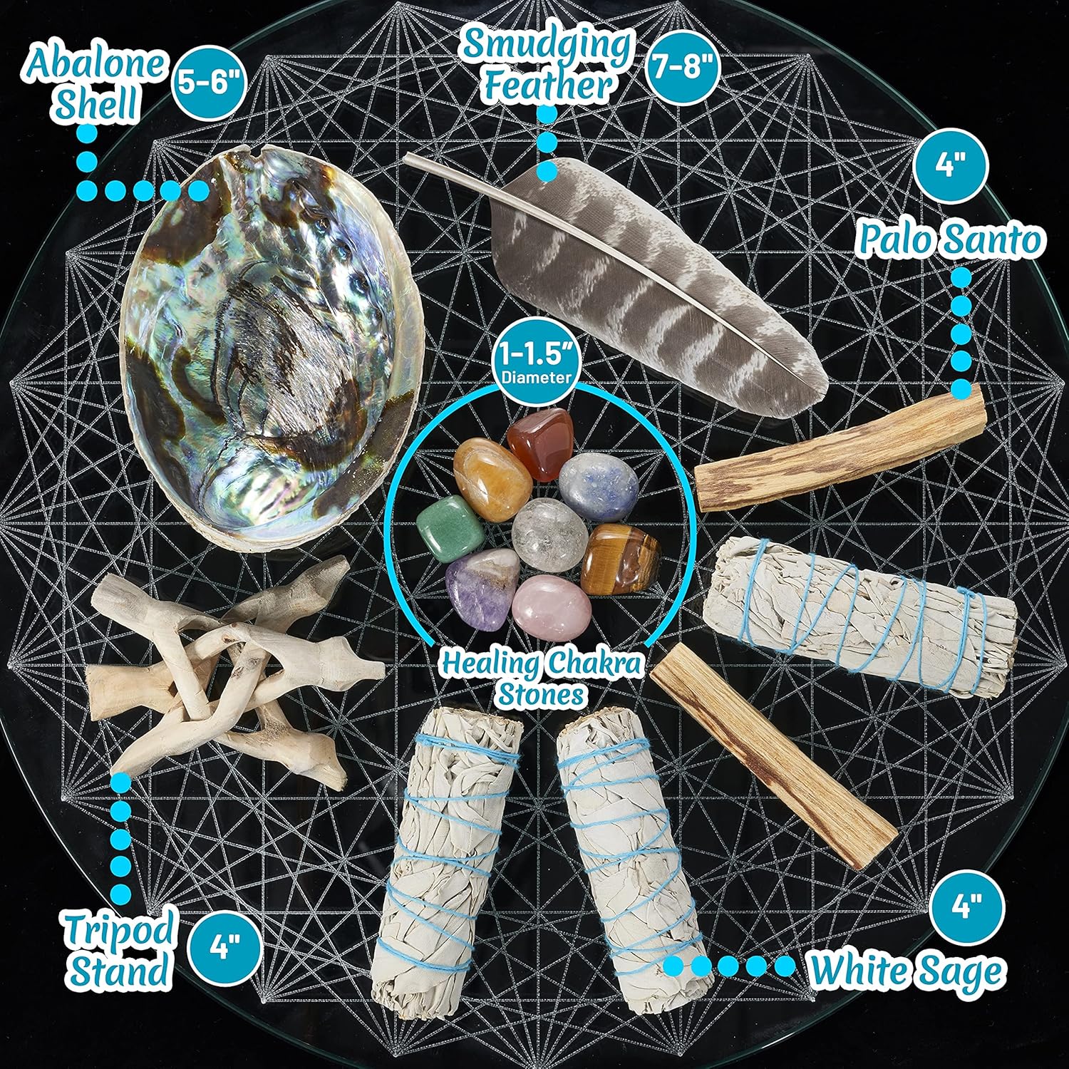 Sage Smudge Kit ~ 3 White Sage Bundles ~ 8 Healing Chakra Stones ~ Abalone Shell & Stand ~ Smudging Feather ~ Cleanse Guide/Blessings ~ Smoke Cleansing Smudge Sticks Healing Growing Manifesting | Palo Santo, Smudging Feather, Cleanse Guide & Blessings, Smoke Cleansing, Healing & Manifesting - Image 4