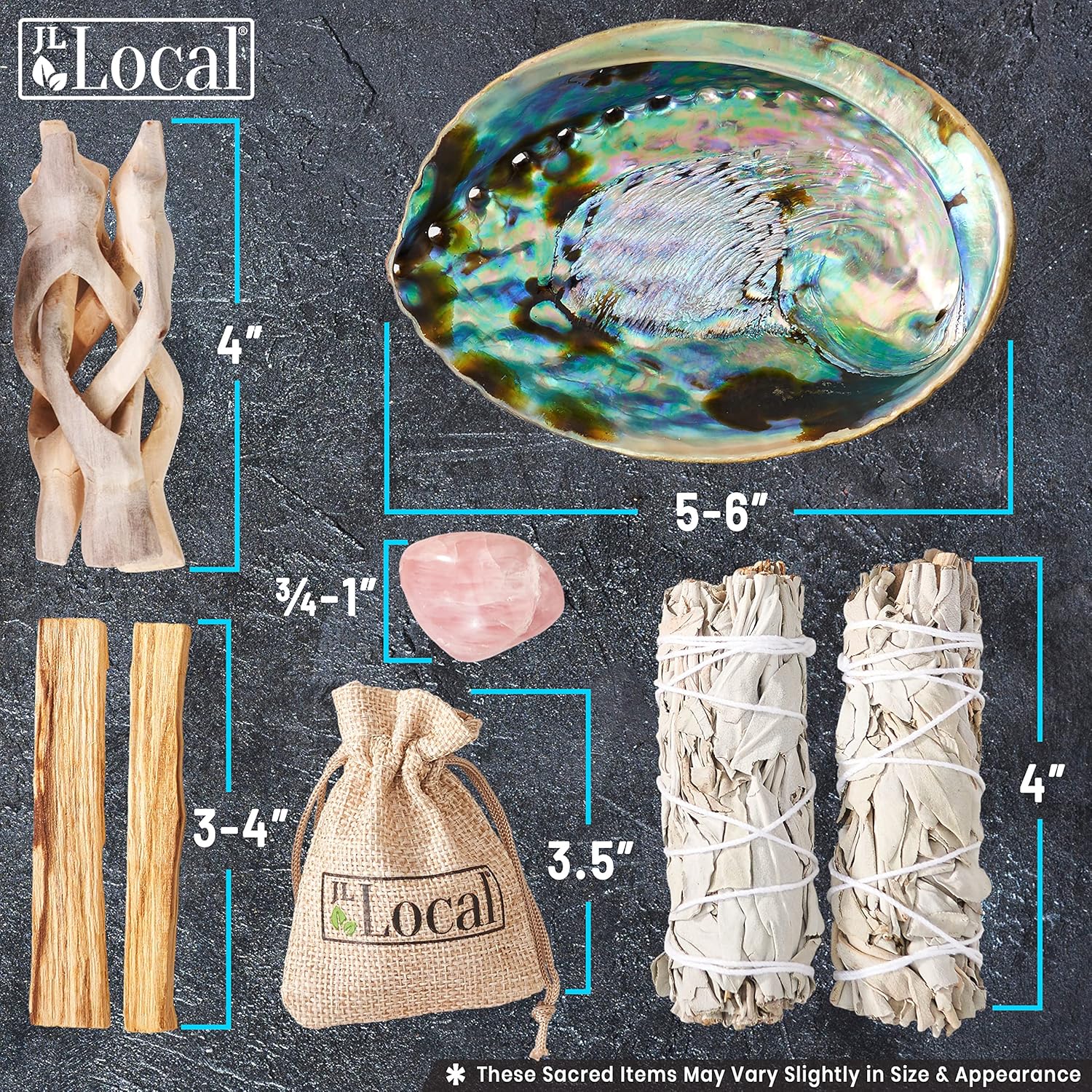 JL Local Perfect Unity Smudging Kit, White Sage, Palo Santo | 2 White Sage Smudge Sticks + 2 Palo Santo Sticks, Abalone Shell Bowl, Rose Quartz Crystal, Healing Incense for Cleansing - Image 3