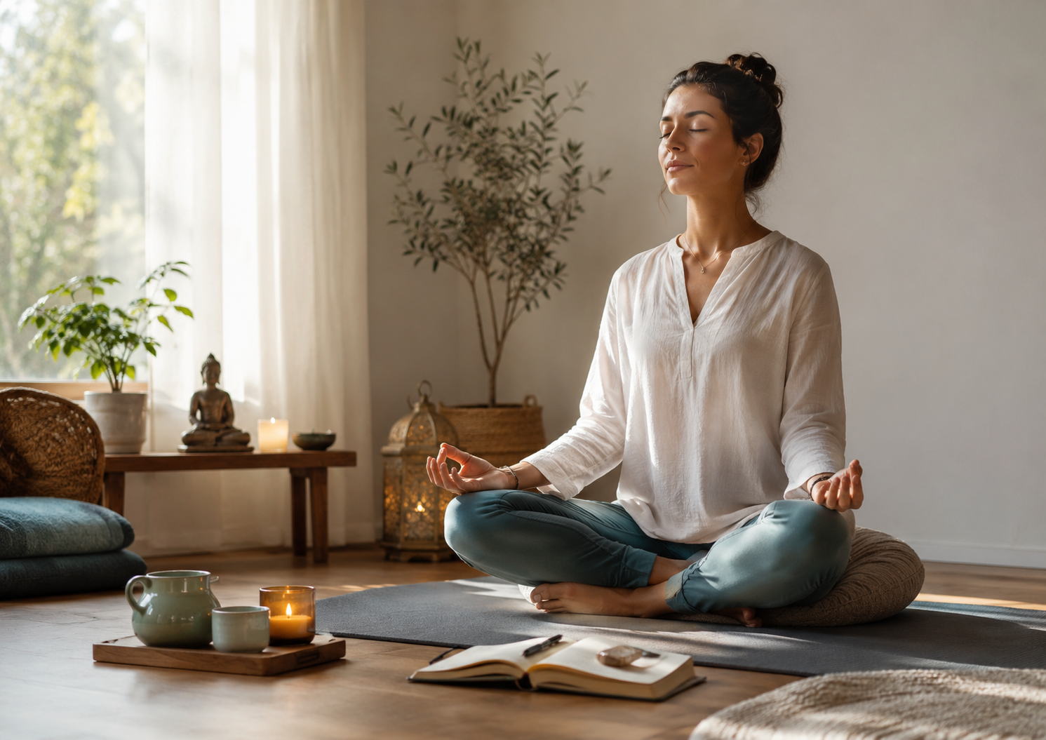 Person practicing peaceful outdoor meditation